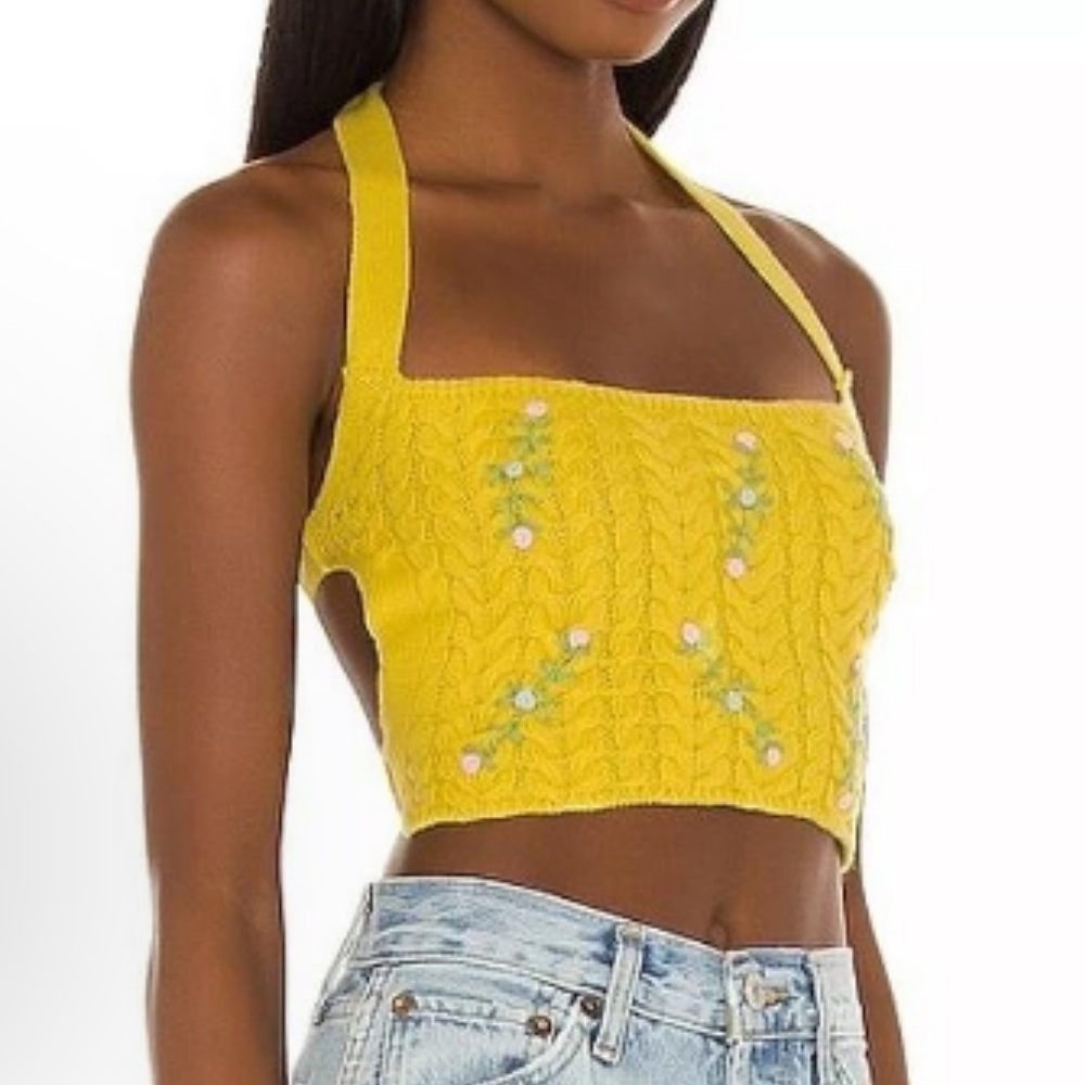 GUIZIO Revolve Exclusive Cable Knit Floral Embroidered Halter Top in Dandelion - Picture 2 of 7